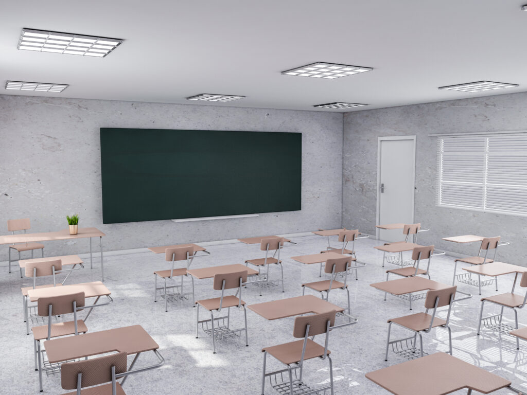 Desk,And,Board,In,Classroom,3d,Rendering