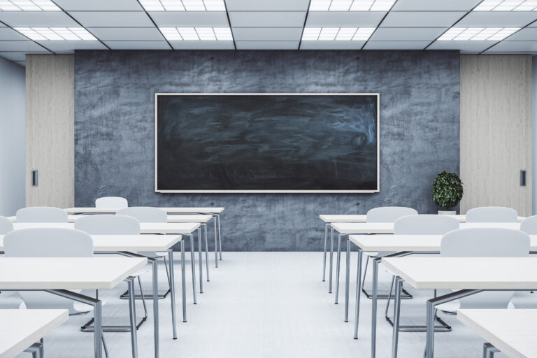 Classroom,Interior,With,Empty,Blackboard,,Furniture,And,Daylight.,Education,And